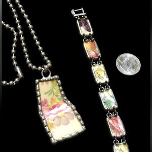 Handcrafted Pottery Shard Floral Necklace & Bracelet, Unique, Cottage, Vintage